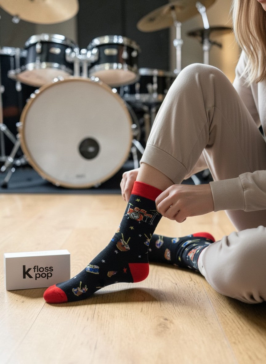 Person wearing colorful socks with a drum set in the background, featuring K Floss Pop branding.