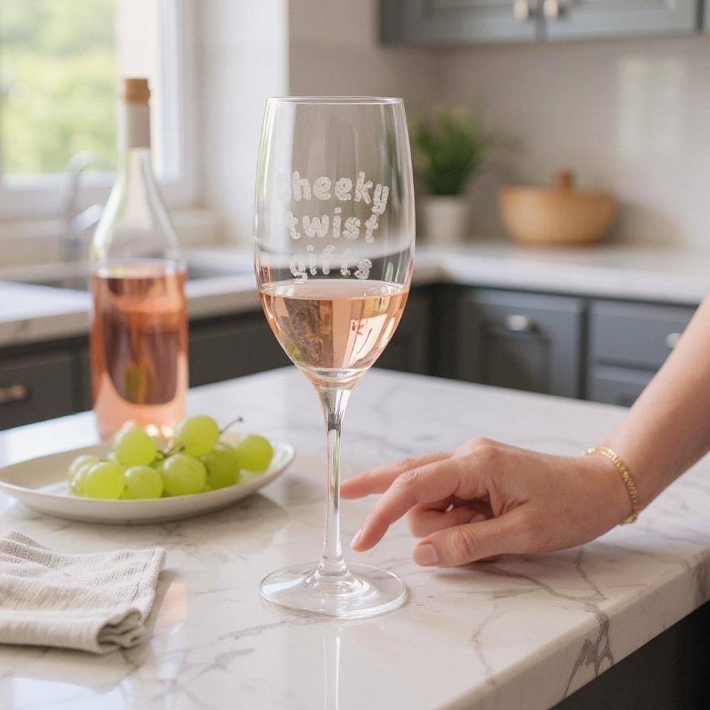 Personalised champagne flute glass engraved with ‘Cheeky twist gifts’, filled with rosé, on a marble kitchen counter with grapes and a bottle in the background
