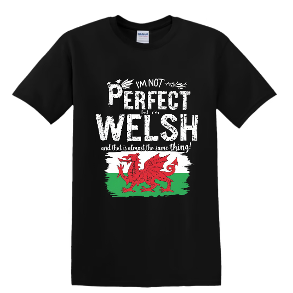 Black t-shirt with Welsh flag and text design on a white background