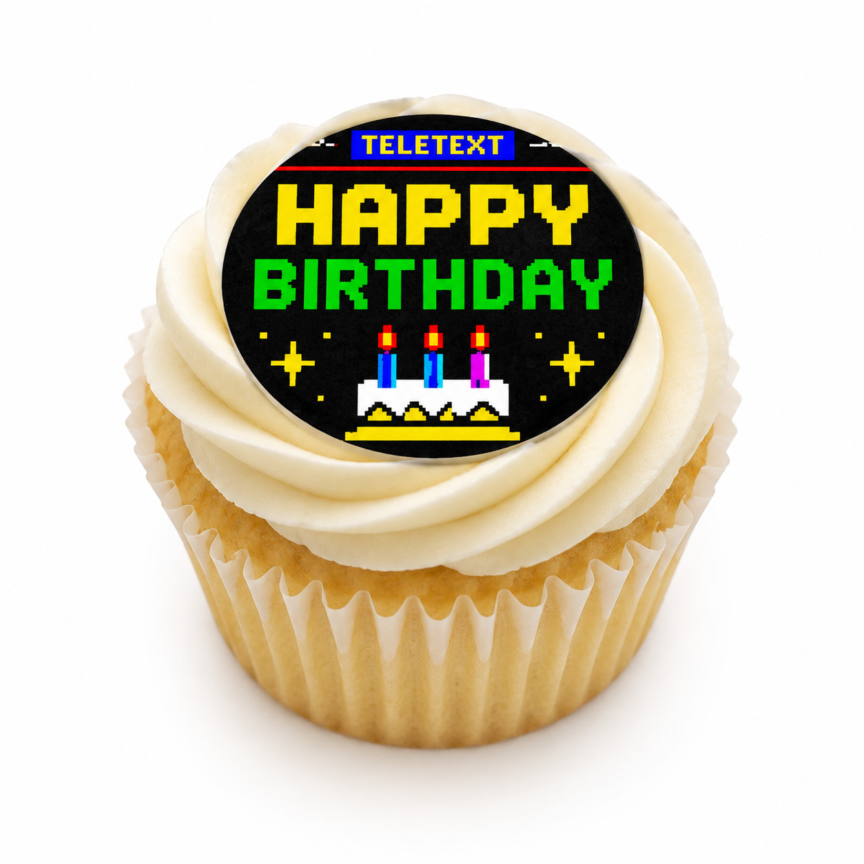 Cupcake with a Teletext-themed 'Happy Birthday' topper on a white background