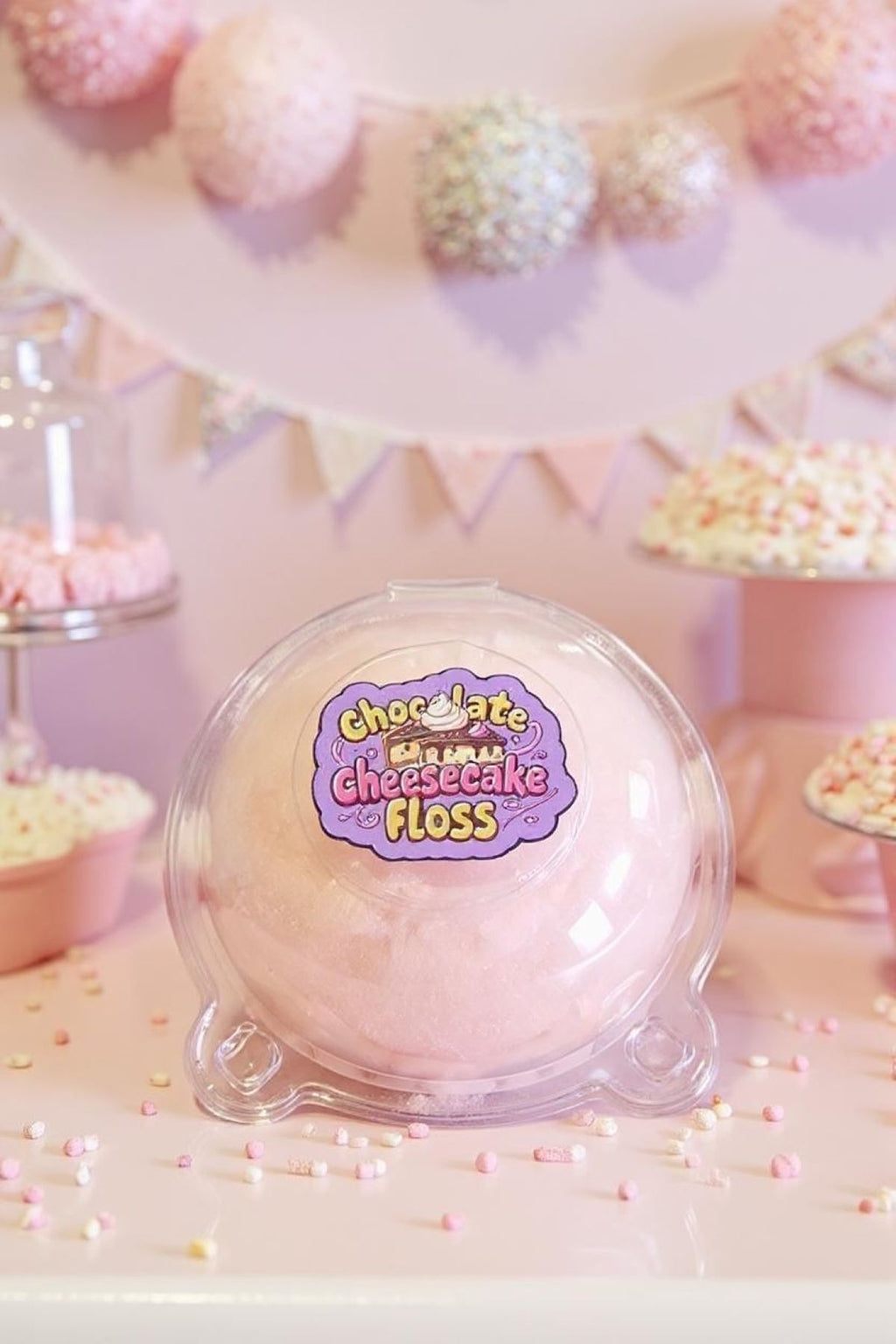 Pink chocolate cheesecake floss in a clear packaging with a label on a pink background.