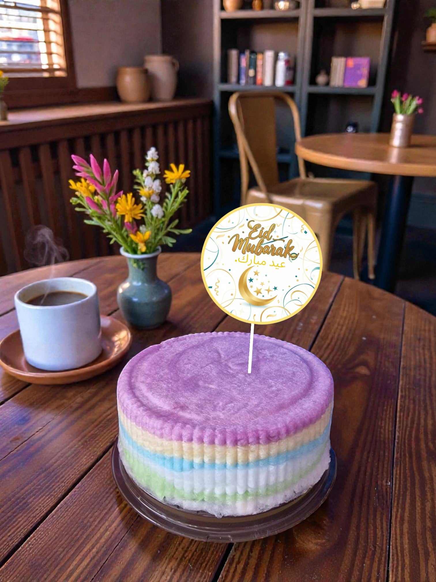Small round cake with colorful frosting on a wooden table, accompanied by a cup of coffee and a vase of flowers.