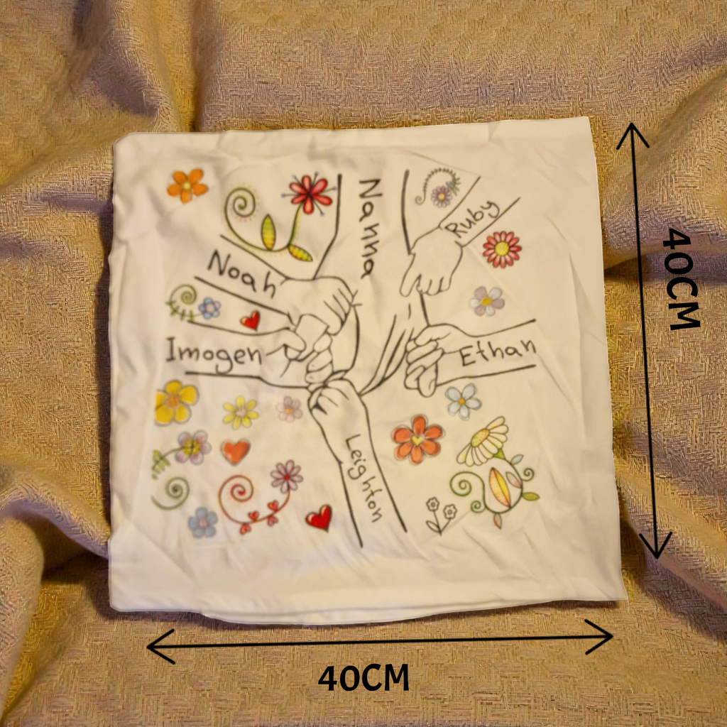White blanket with embroidered names and designs on a textured surface