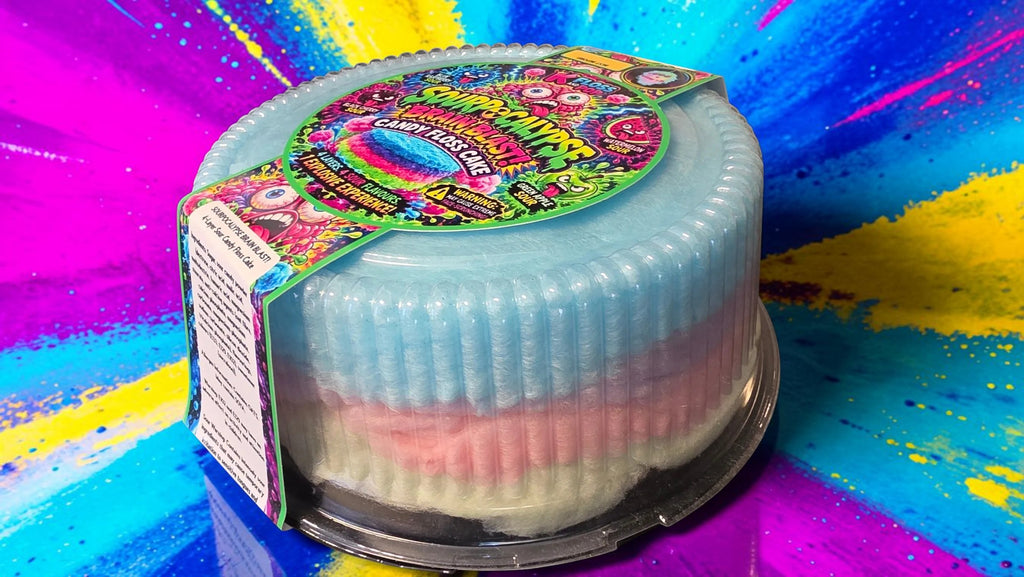 A round, ribbed plastic container of pastel cotton candy with a colorful printed label on top, set against a vibrant, multicolored paint-splattered background.