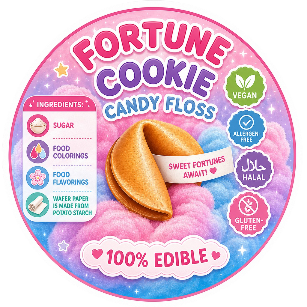 Fortune Cookie Candy Floss packaging with ingredients list and product details on a pink and blue gradient background.