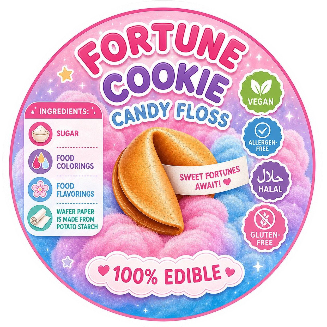 Fortune Cookie Candy Floss packaging with ingredients list and product details on a pink and blue gradient background.