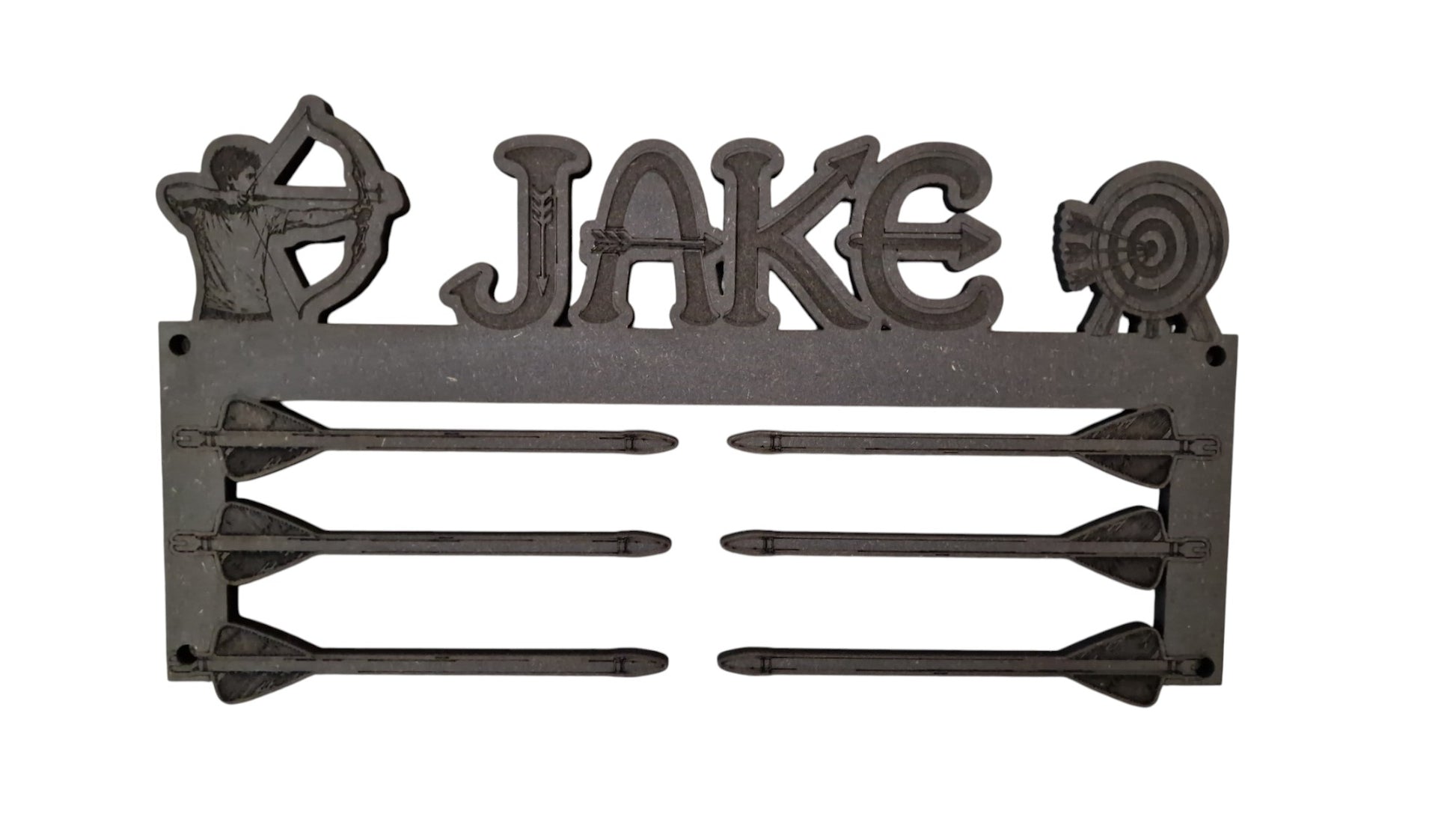 A cast iron archery wall sign featuring the name 'JAKE' in raised letters, flanked by a bow silhouette on the left and a target silhouette on the right. Below the name, the sign holds five arrows on a plain white background.
