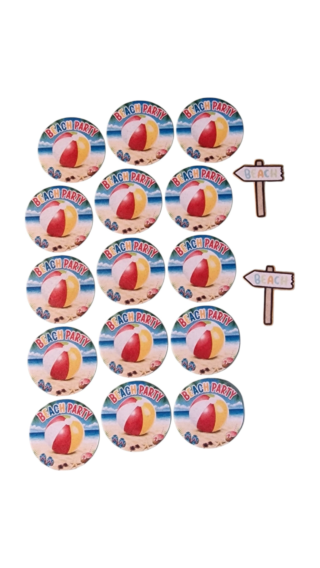A set of round beach-themed party favors or buttons featuring a red and yellow beach ball on a sandy shore with 'BEACH PARTY' text, plus two small wooden sign cutouts, all arranged on a plain white background.