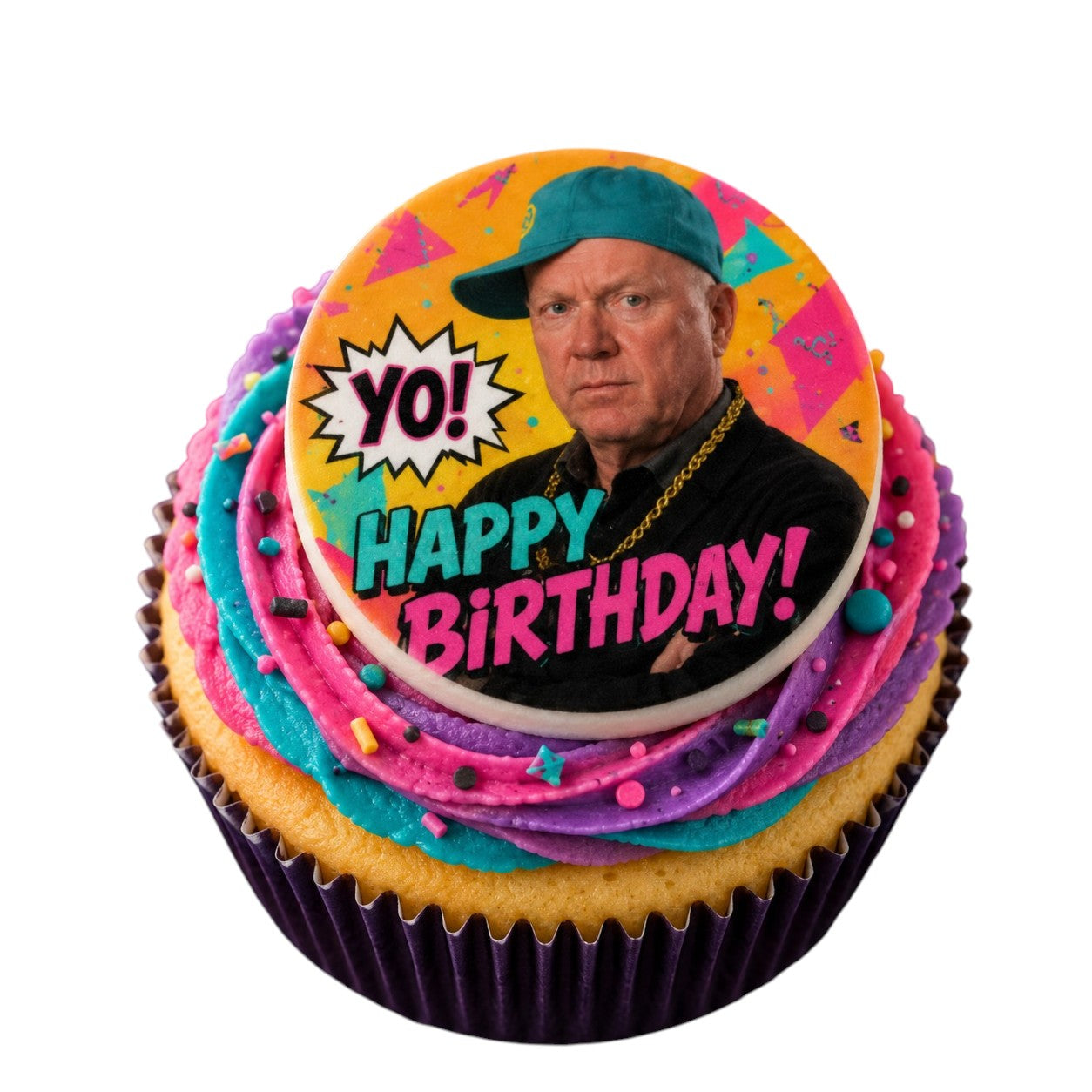 Cupcake with colorful frosting and a character-themed topper on a white background