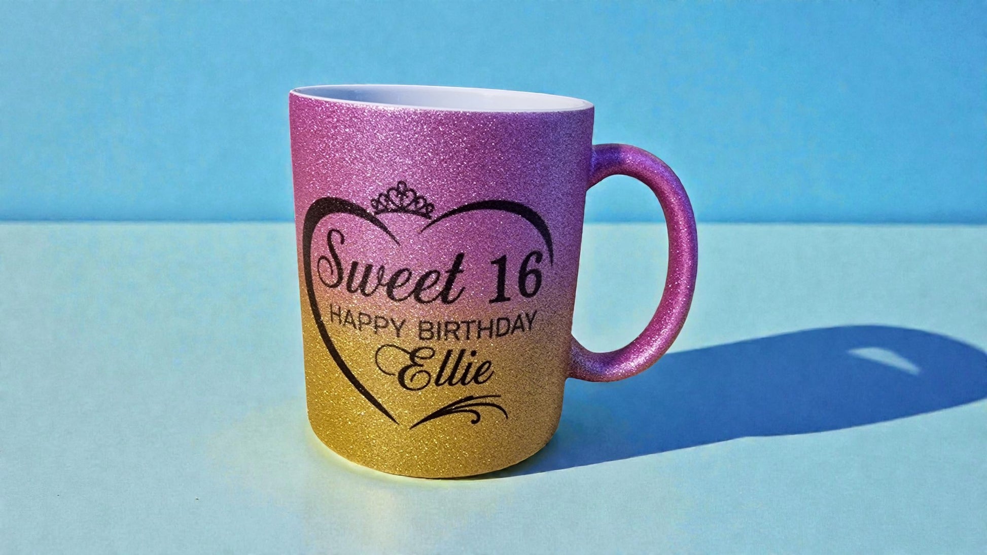 Gradient mug with 'Sweet 16 Happy Birthday Ellie' text on a blue background
