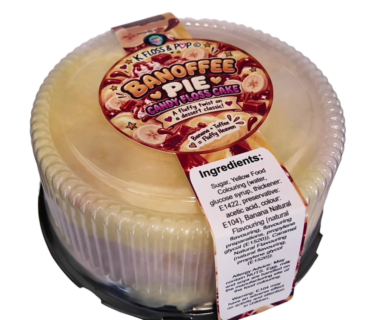 A round plastic tub of Kloss & Co's 'Banoffee Pie Candy Floss Cake' with a clear lid and a prominent red and white product label showing ingredients and product details.