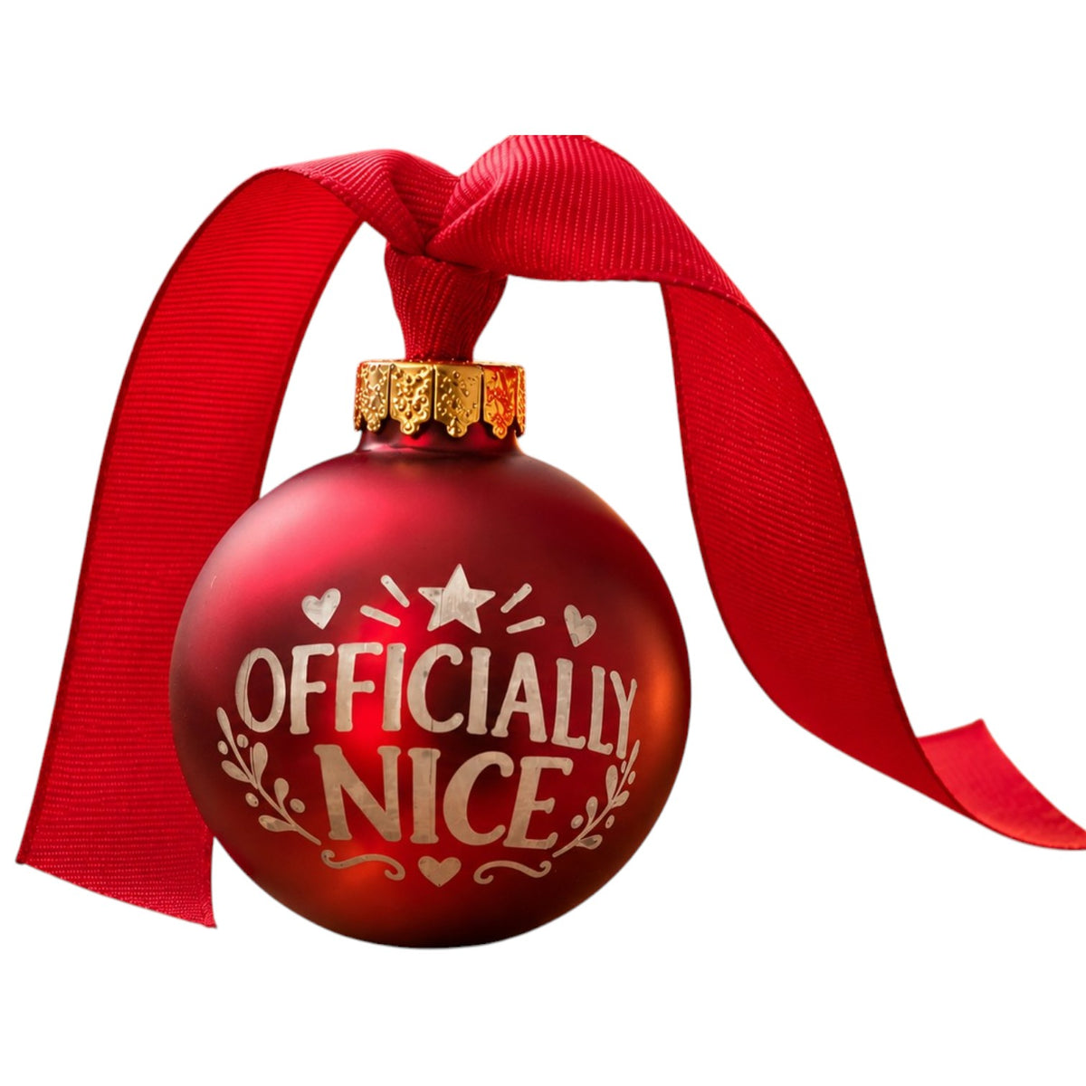 A red Christmas ornament with a red ribbon hanger, featuring the text 'OFFICIALLY NICE' in white with small heart and star details, on a plain white background.