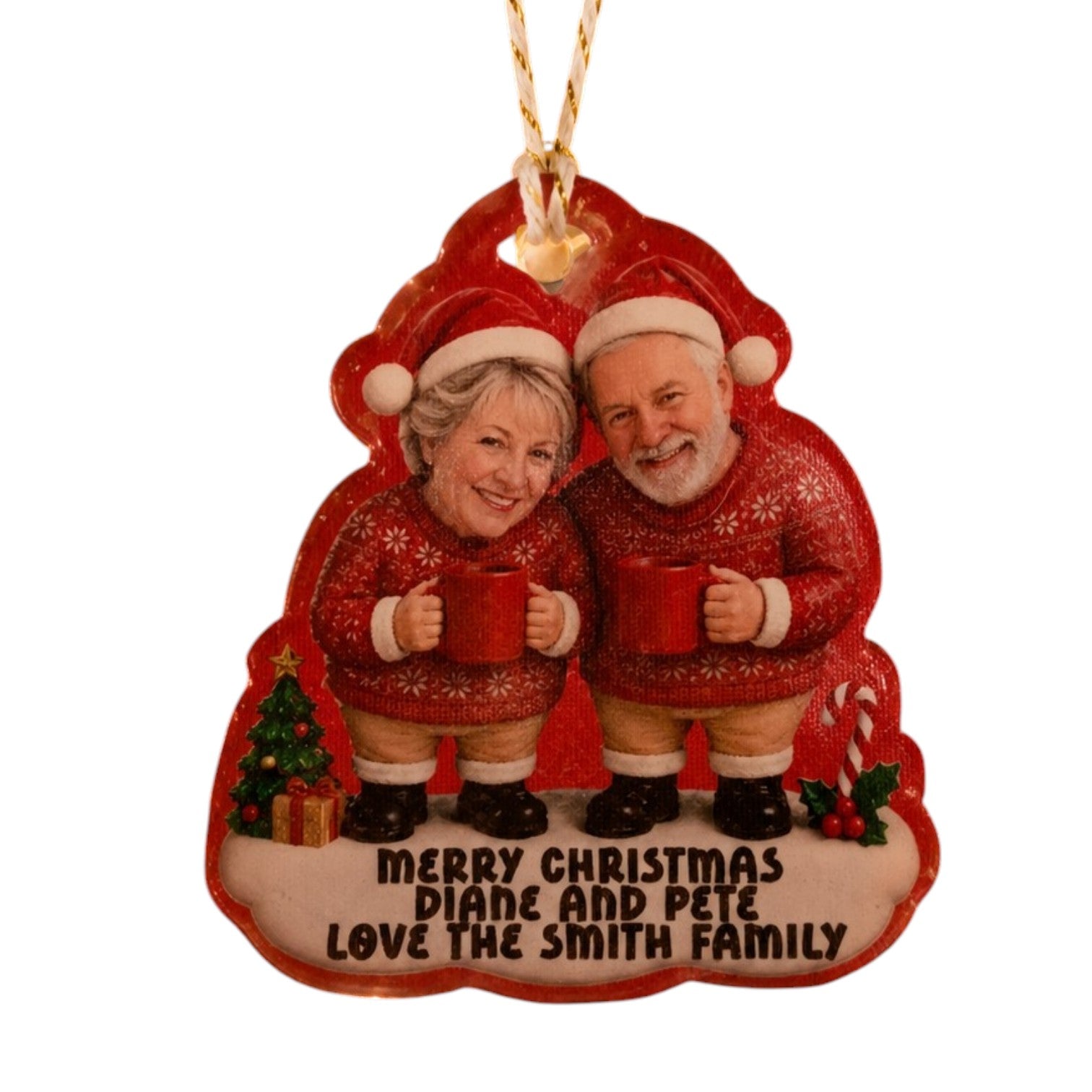 Personalised 2D acrylic Christmas hanging ornament with custom face and message, white back and string attached.
