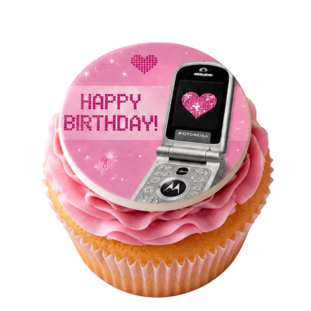 Cupcake with pink frosting featuring a Motorola flip phone and 'Happy Birthday!' message on a white background