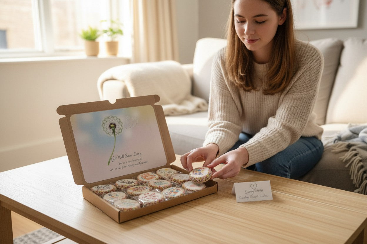 Woman selecting a cookie from a box on a table in a cozy living room.