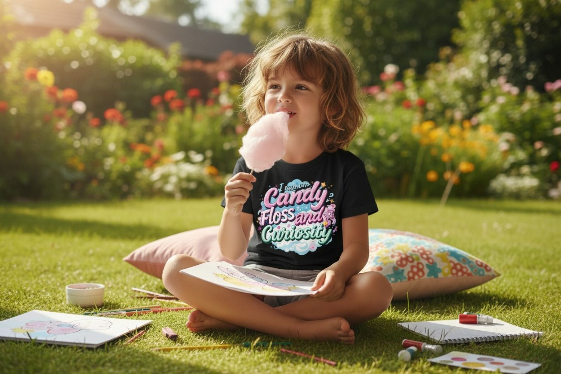 Child sitting on grass eating cotton candy with a garden background