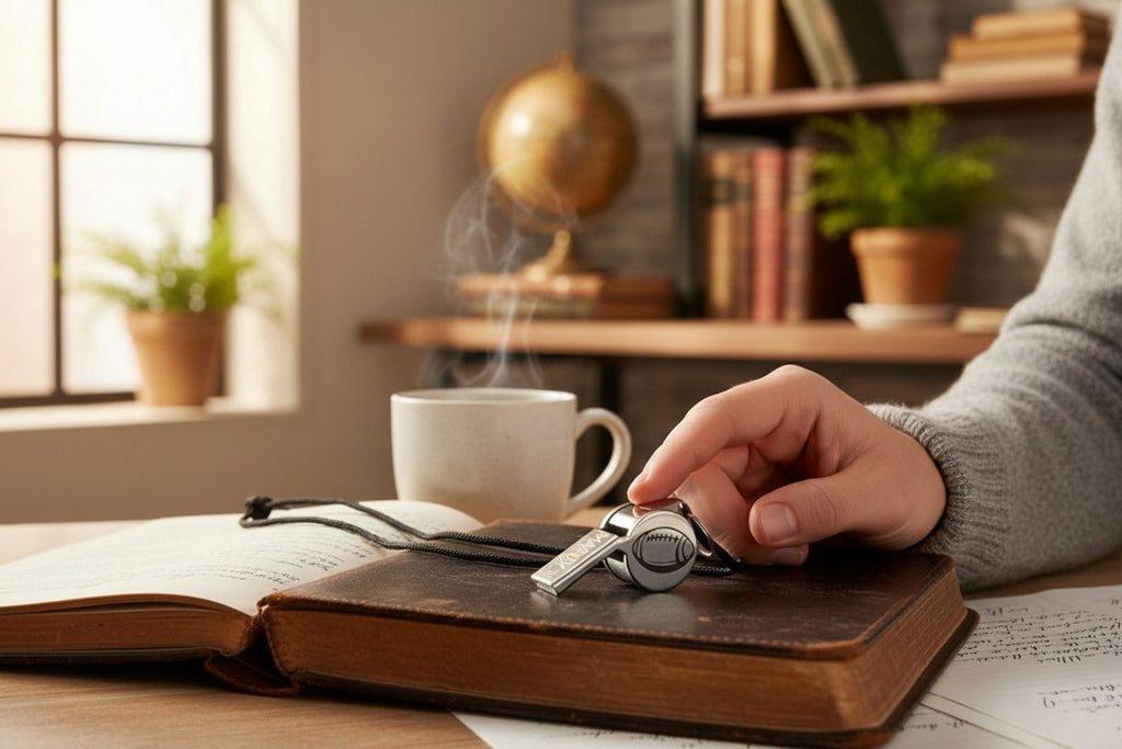 Hand holding a key over an open book with a steaming cup of coffee in the background