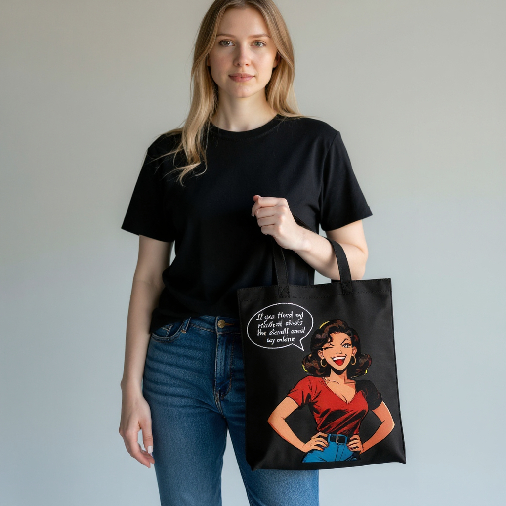 Woman holding a tote bag with a graphic design and text.