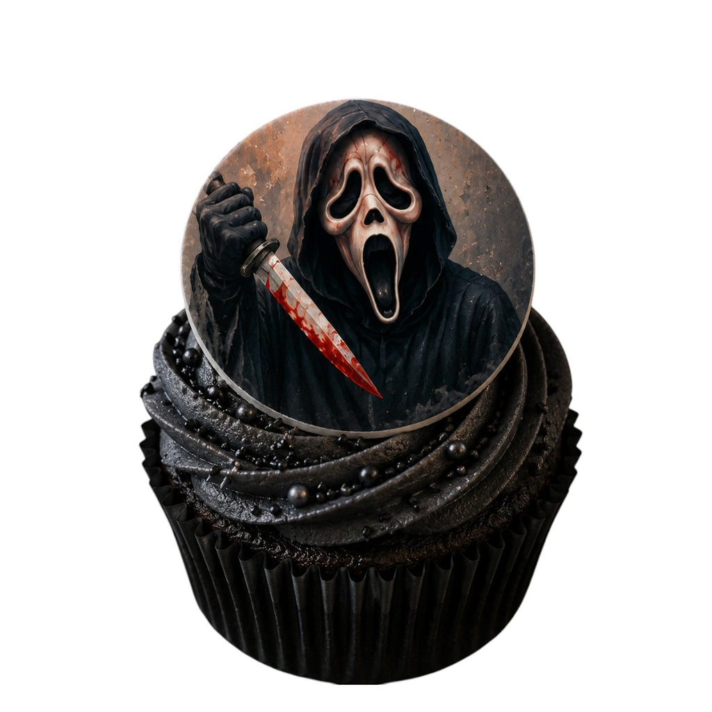 Cupcake with a Halloween-themed topper featuring a masked character with a knife on a white background