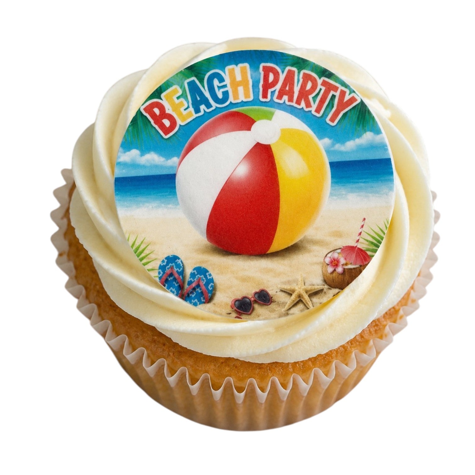A frosted cupcake with a round edible topper featuring a beach scene and the words “BEACH PARTY” in colorful letters. The cupcake has light cream frosting and is in a white paper liner, shown on a plain white background.