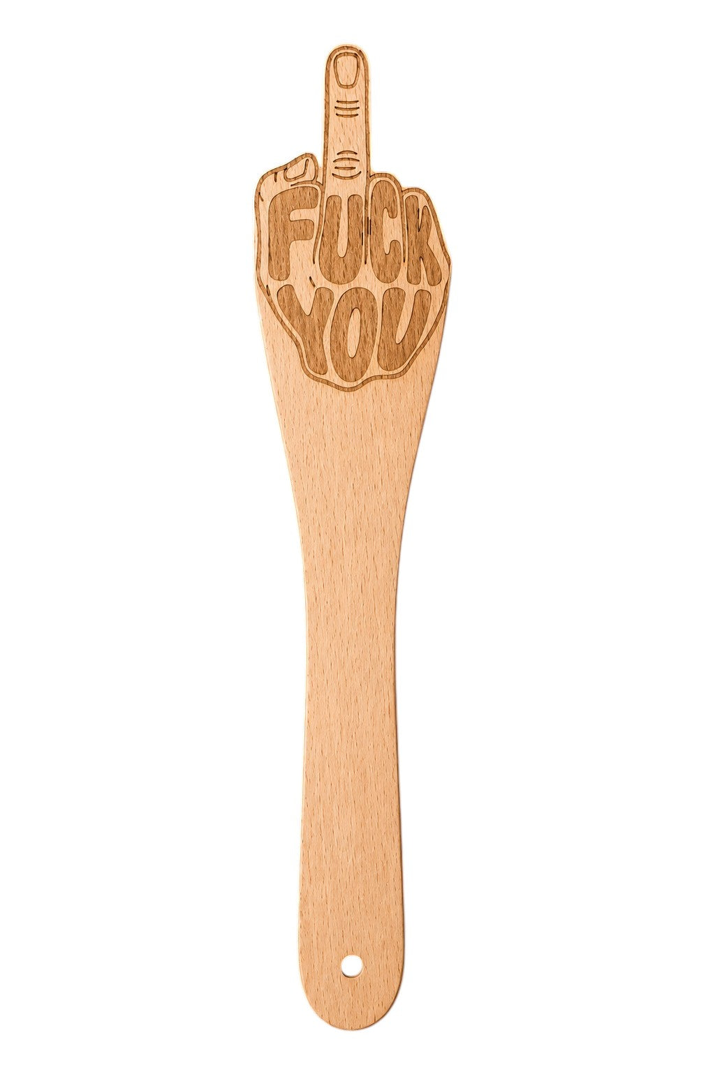 A wooden paddle spoon or spatula with a hand-shaped top featuring the middle finger and the engraved text 'FUCK YOU' in a darker brown tone, shown against a plain white background.