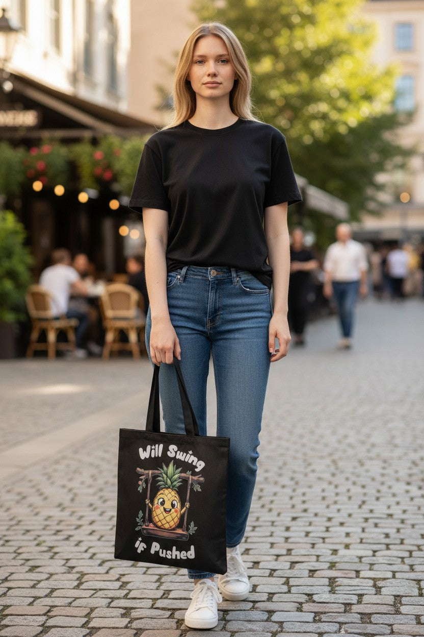 Will Swing Pineapple Cruise &amp; Holiday Tote Bag | Lightweight Eco-Friendly Black Shoulder Bag 38x42cm