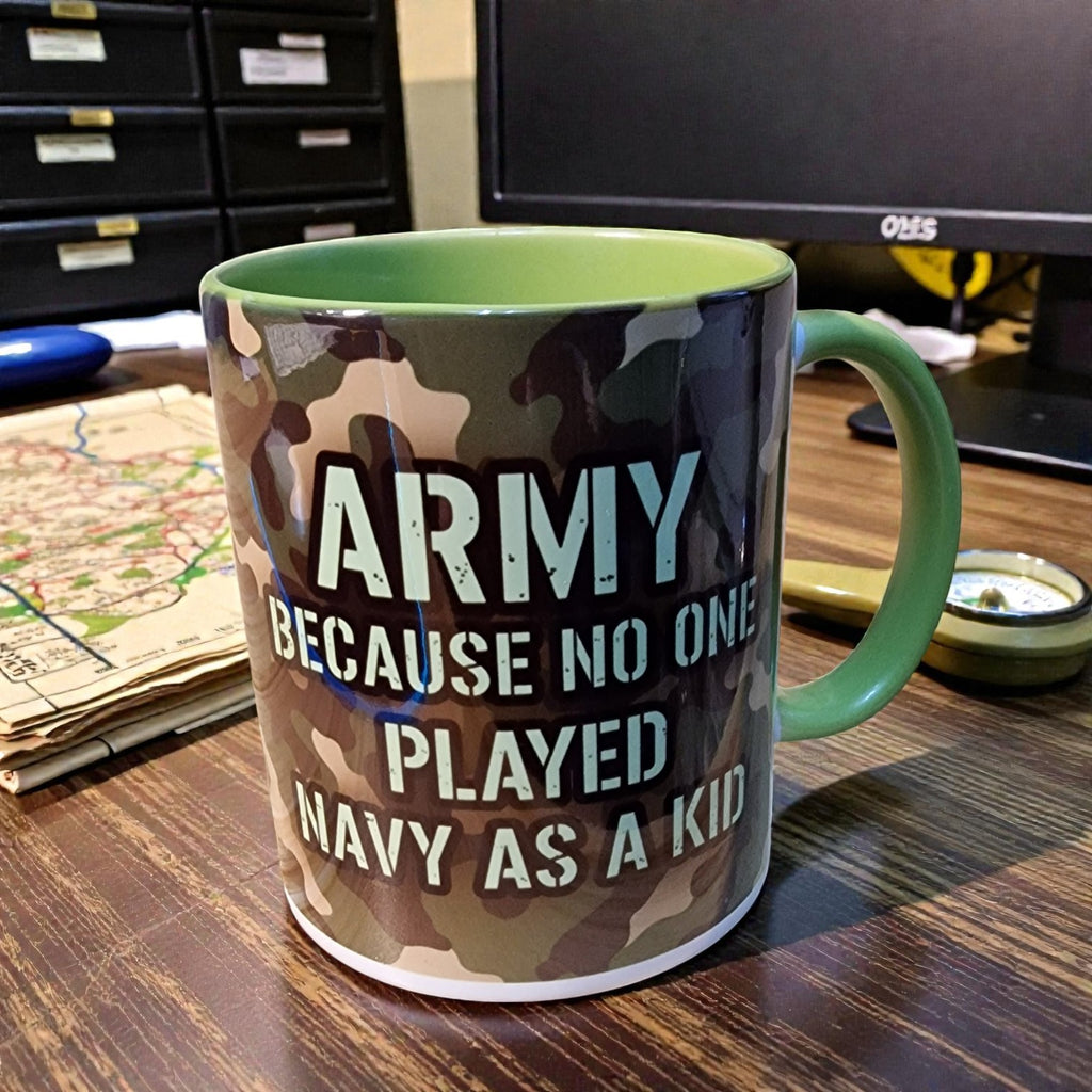 Camouflage mug with text on a desk