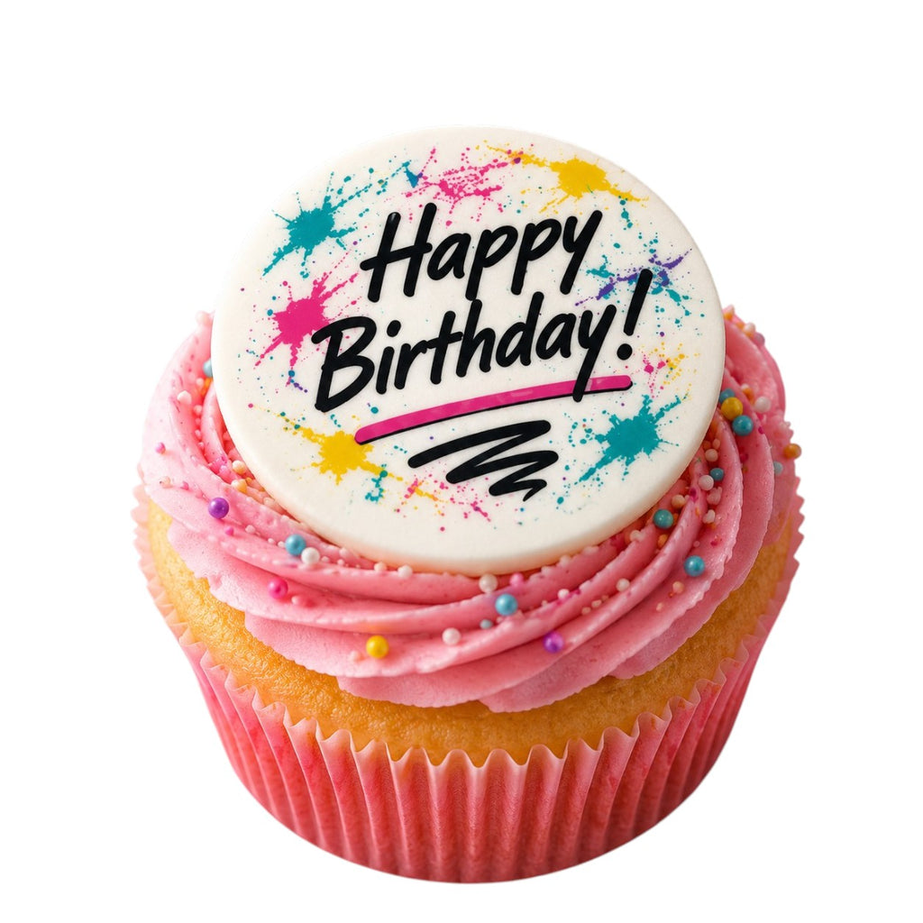 Cupcake with pink frosting and a 'Happy Birthday!' topper on a white background