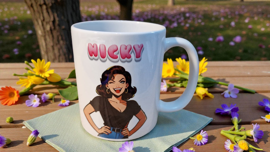 Mug with a cartoon character and 'Nicky' text on a table with flowers