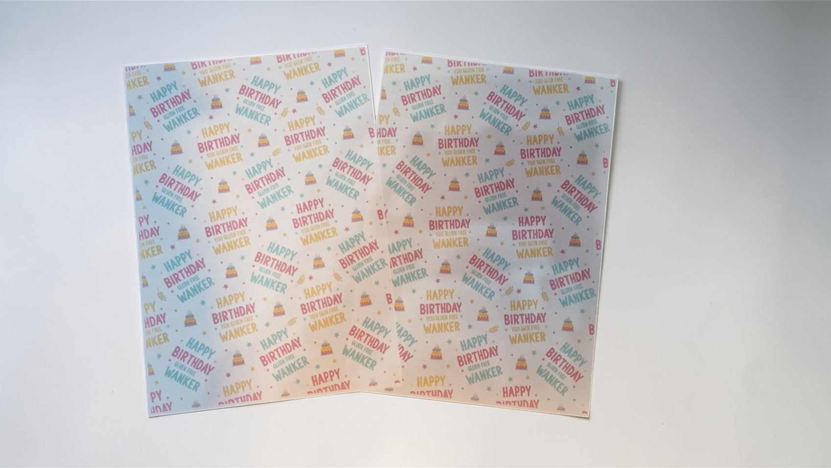 Two sheets of birthday-themed paper with colorful text and graphics on a white background.