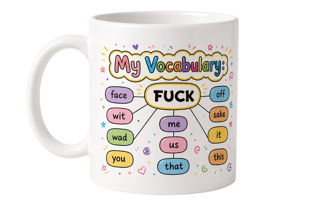 White mug with colorful diagram of a vocabulary chart on a white background