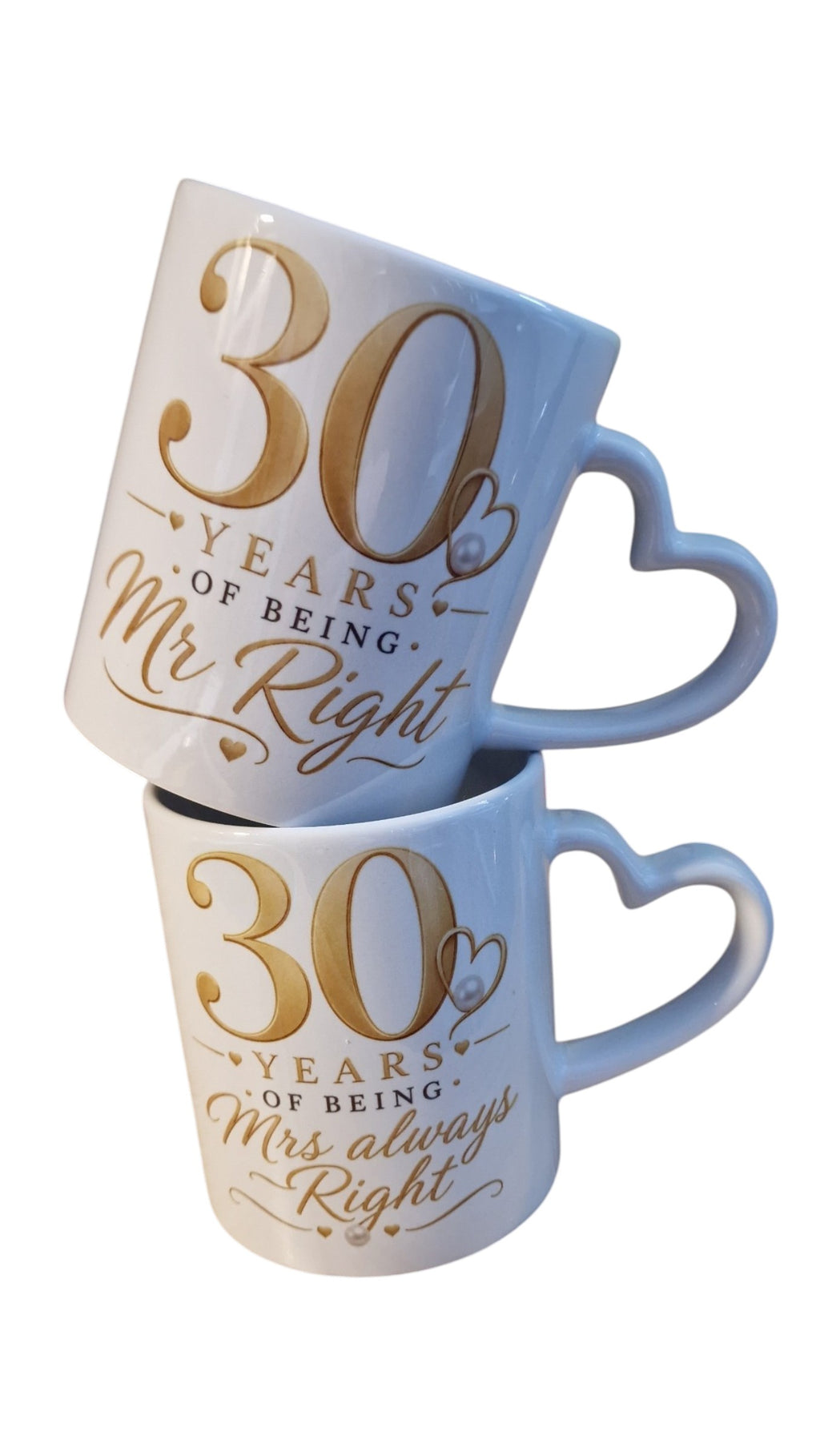 Two mugs with '30 Years of Being Mr Right' and '30 Years of Being Mrs Always Right' text on a white background.