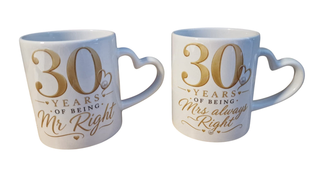 Two mugs with '30 Years of Being Mr. Right' and 'Mrs. Always Right' text on a white background