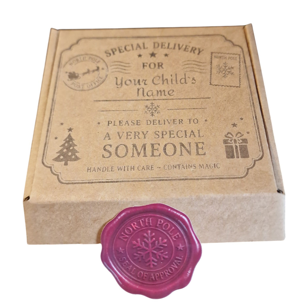 Kraft paper gift box with decorative text and a purple wax seal on a white background