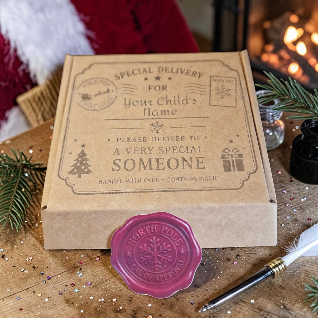 Kraft paper box with decorative text and a wax seal on a wooden surface with festive decorations.