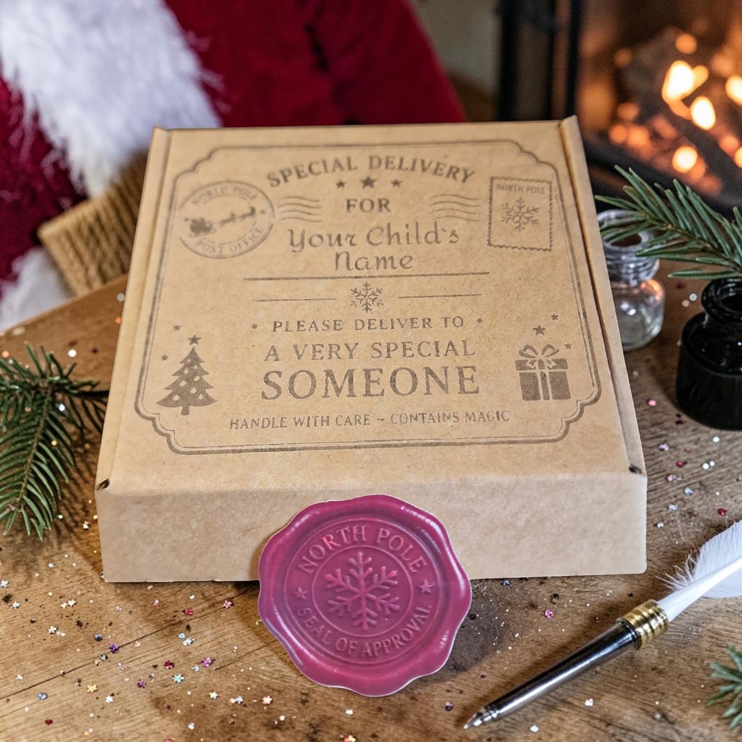 Kraft paper box with decorative text and a wax seal on a wooden surface with festive decorations.