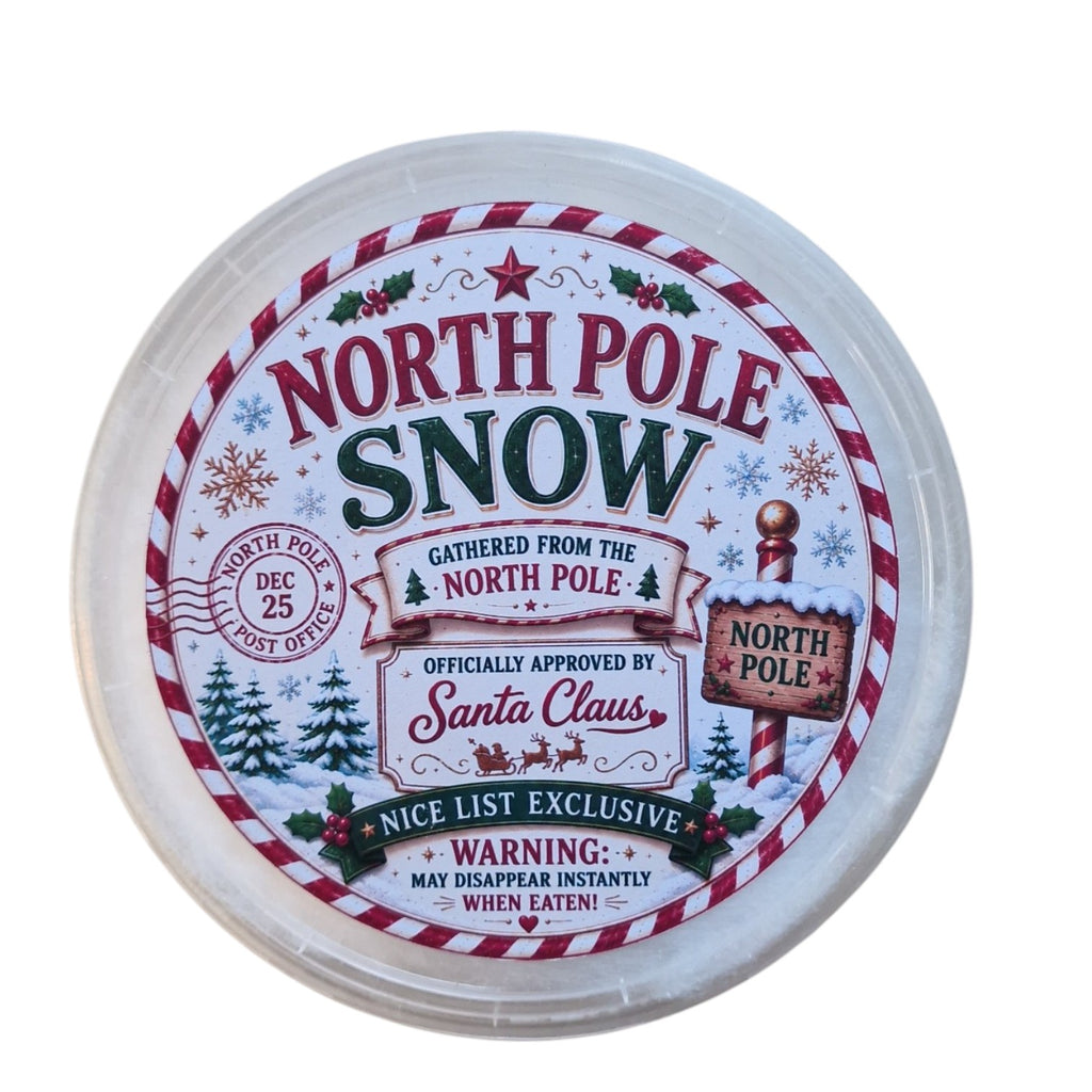 Jar labeled 'North Pole Snow' with festive design on a white background