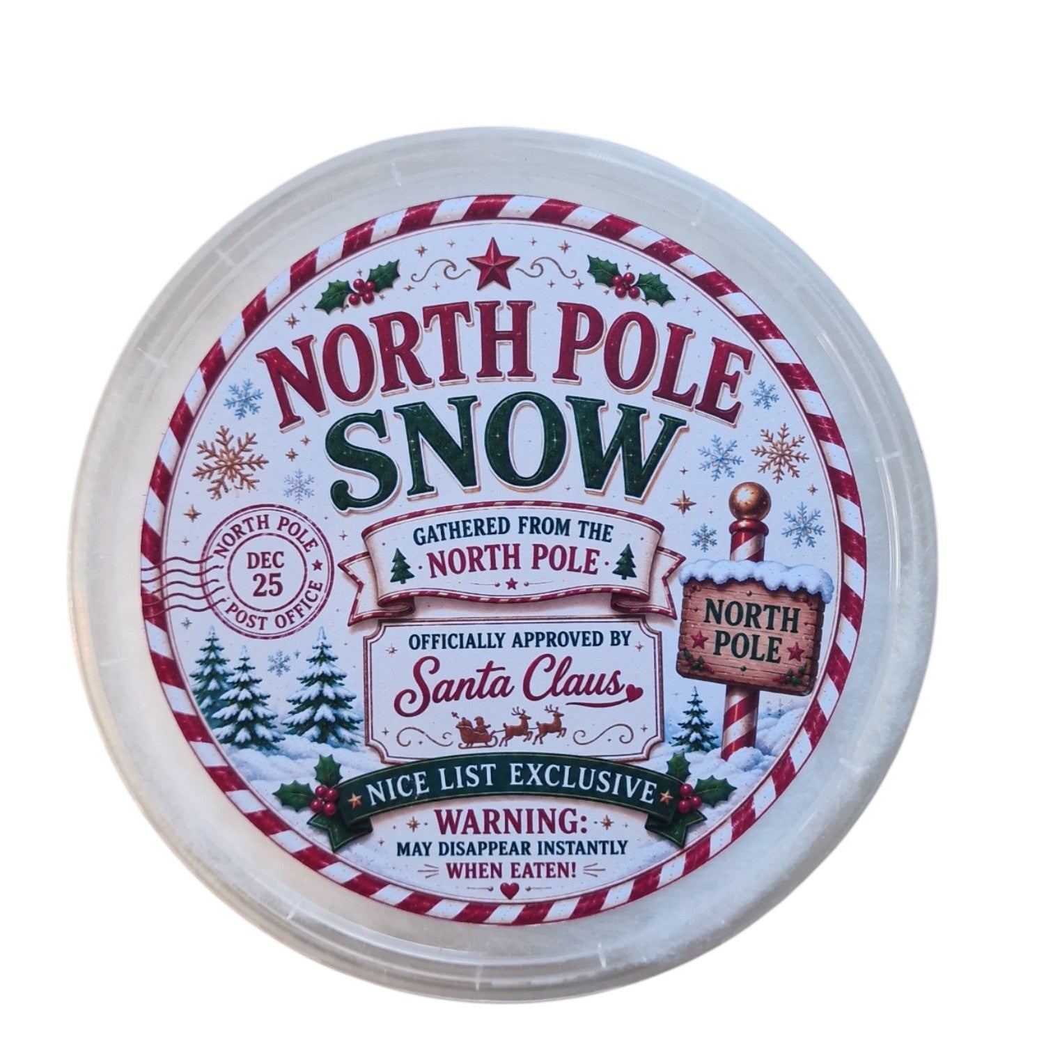 Jar labeled 'North Pole Snow' with festive design on a white background