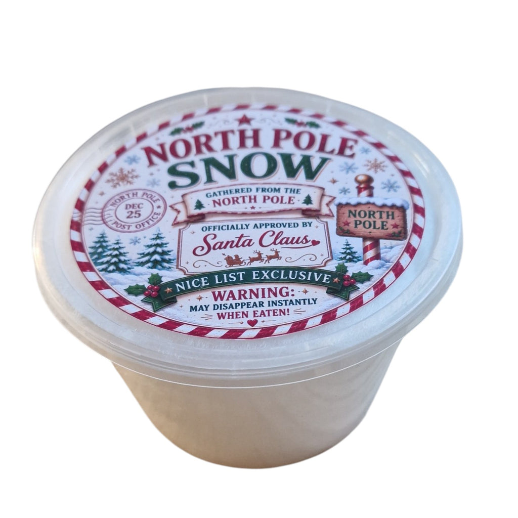 Jar labeled 'North Pole Snow' with festive design on a white background