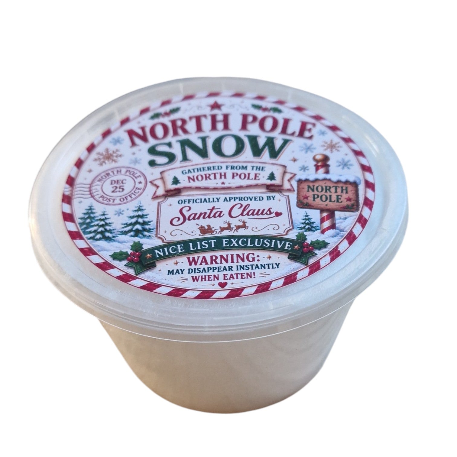 Jar labeled 'North Pole Snow' with festive design on a white background