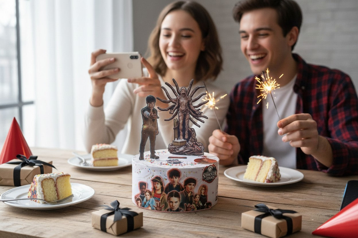 Two people celebrating a birthday with a cake featuring a band, sparklers, and gifts.