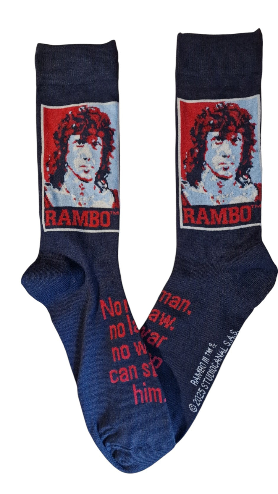 Pair of socks with a graphic design of a character and text on a white background