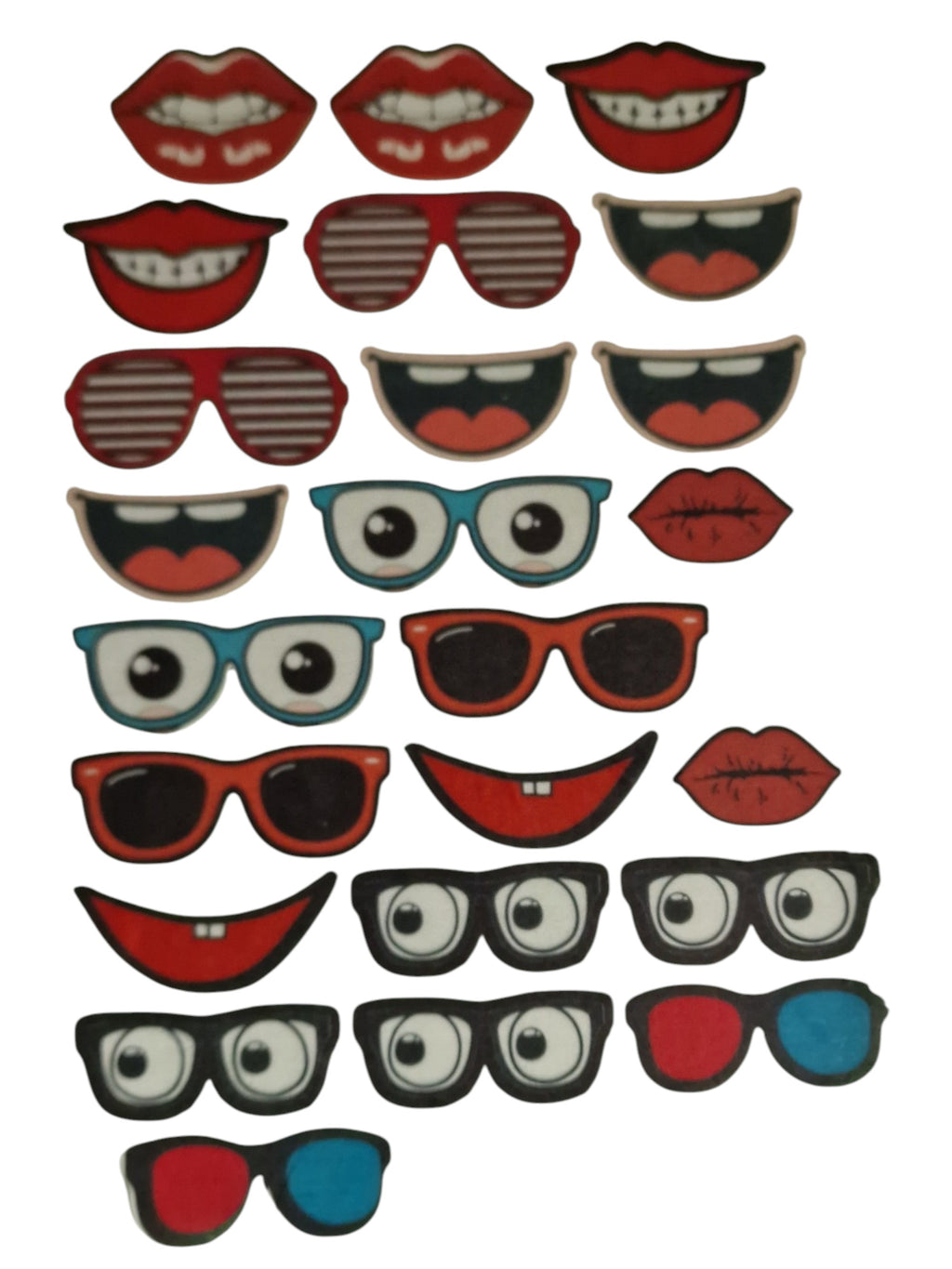 Collection of novelty eye wear and lips on a white background