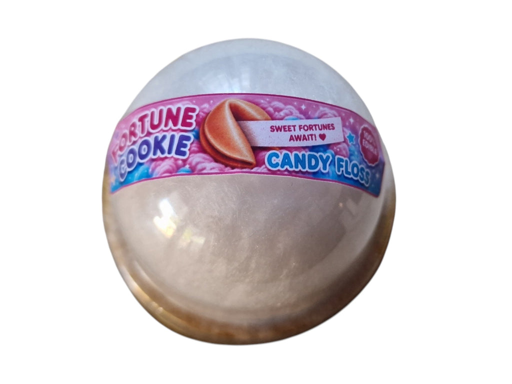 Ball of candy floss with 'Fortune Cookie' label on a white background