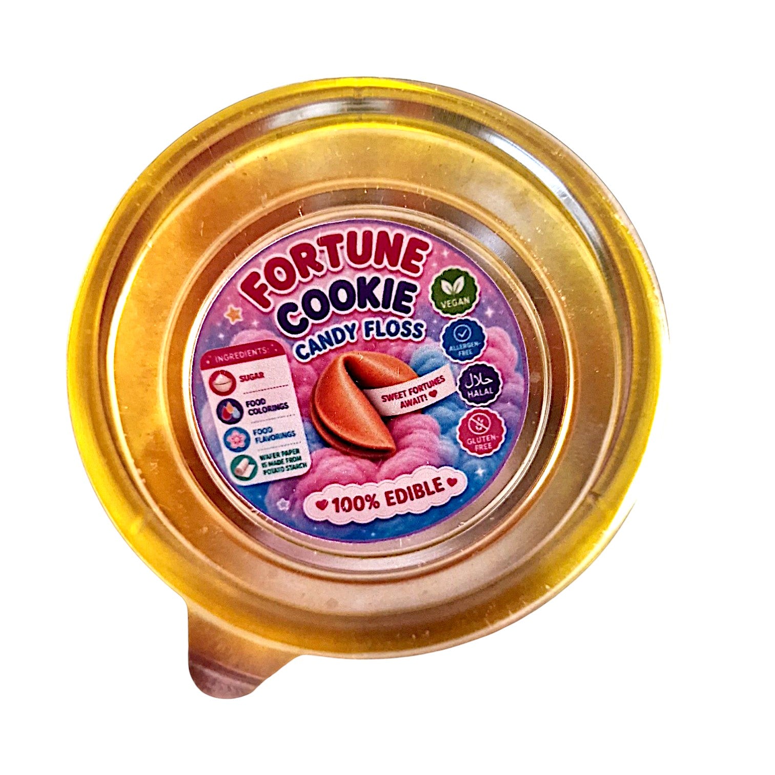 Fortune Cookie Candy Floss packaging with gold lid on a white background