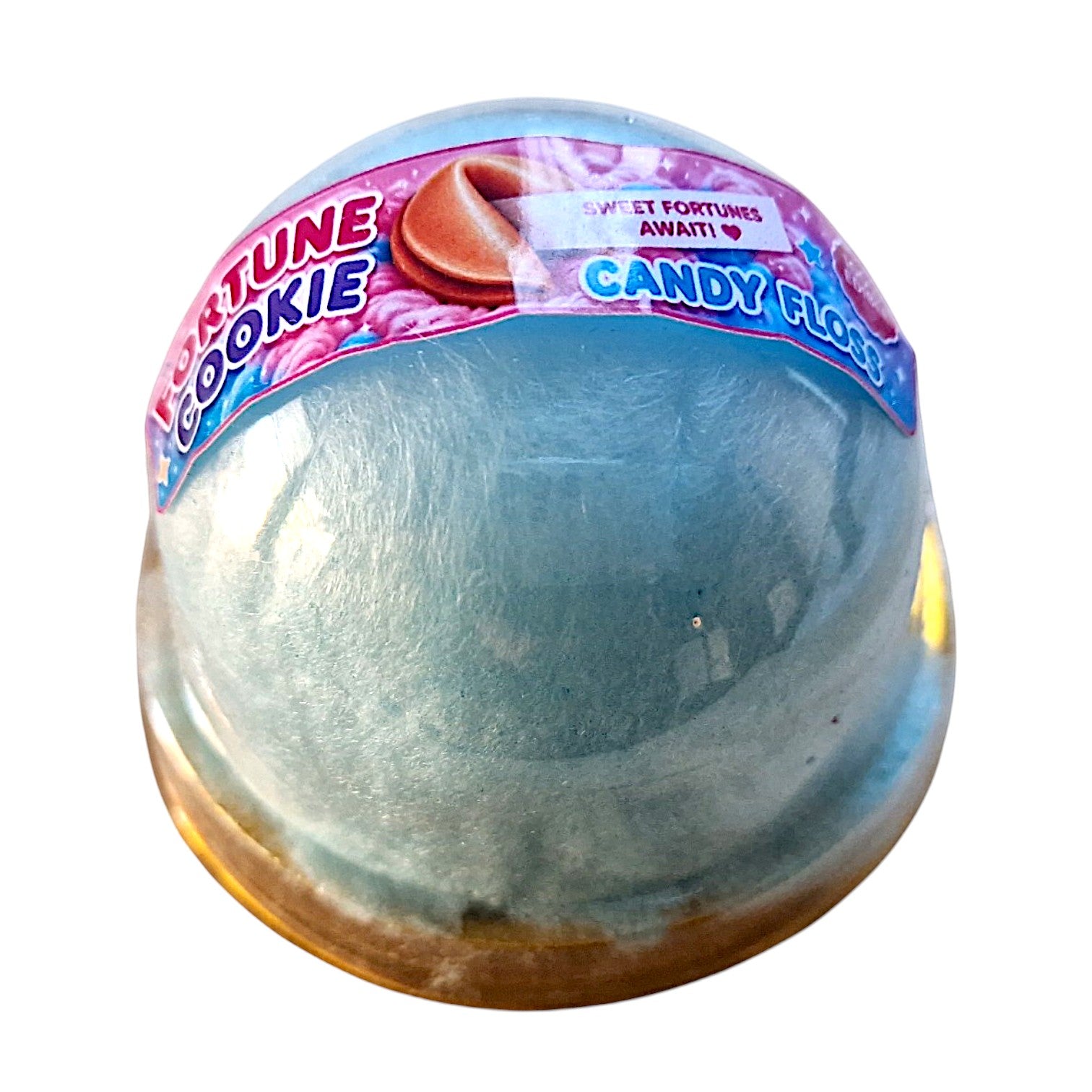 Bath bomb with 'Cookie Fortune' and 'Candy Floss' text on a white background