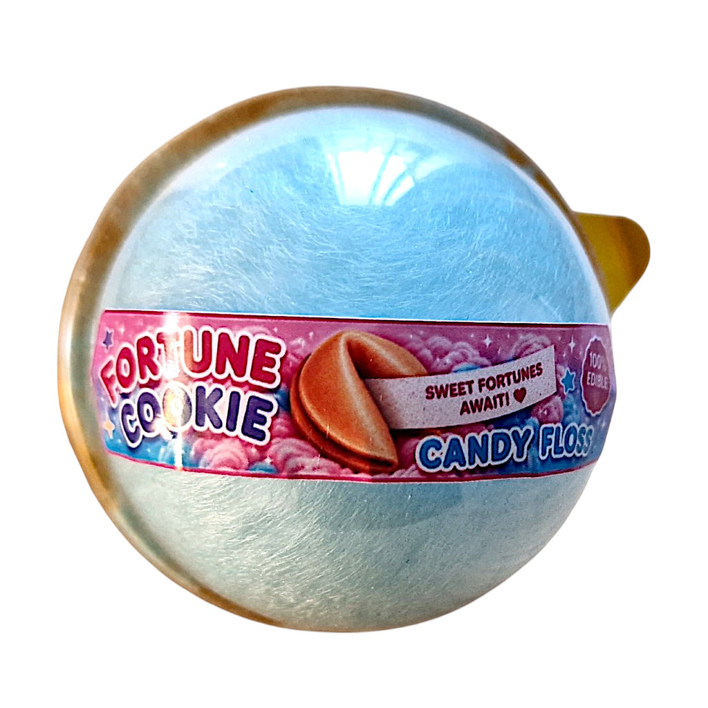 Candy floss ball with a label reading 'Fortune Cookie Candy Floss' on a white background