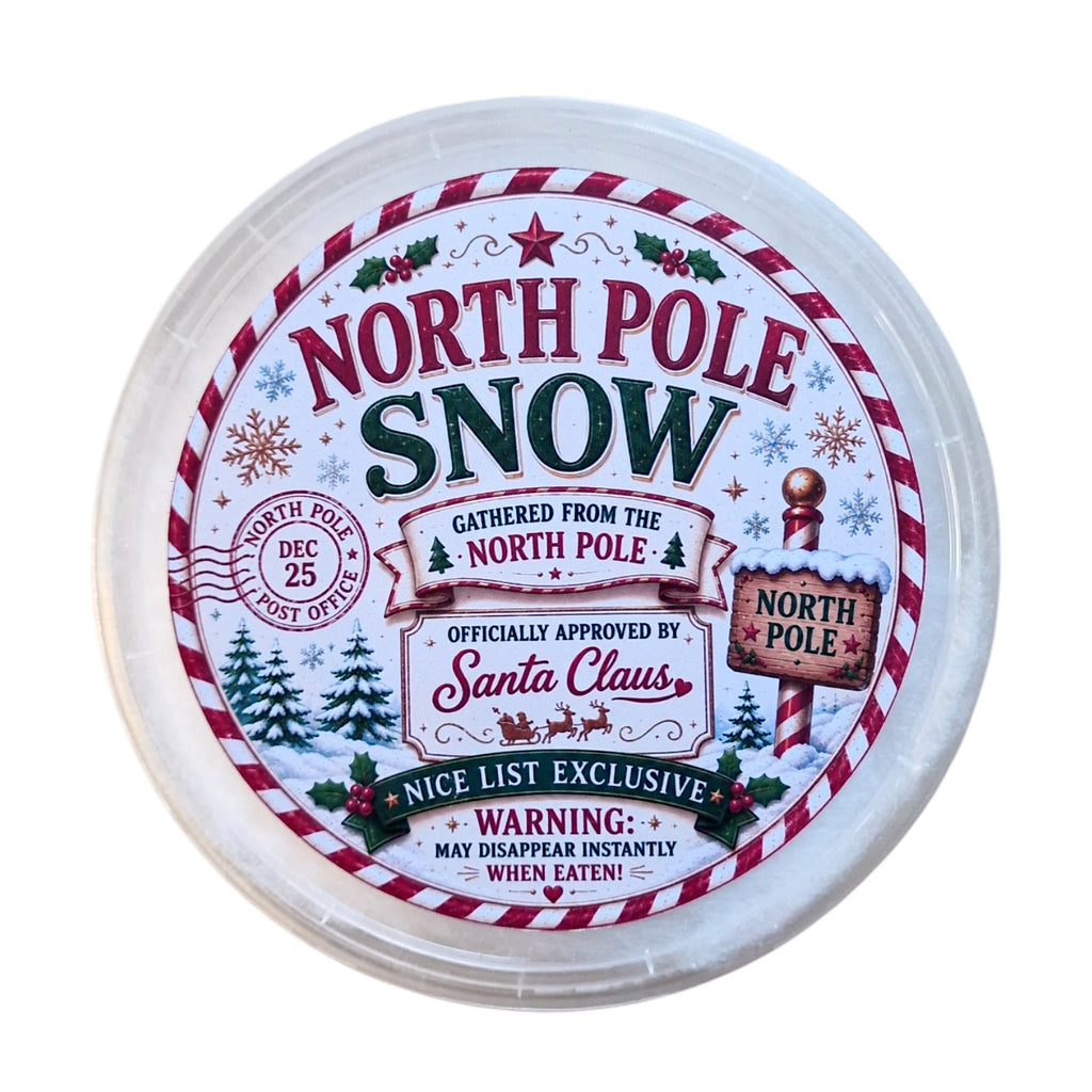 Container labeled 'North Pole Snow' with festive design on a white background