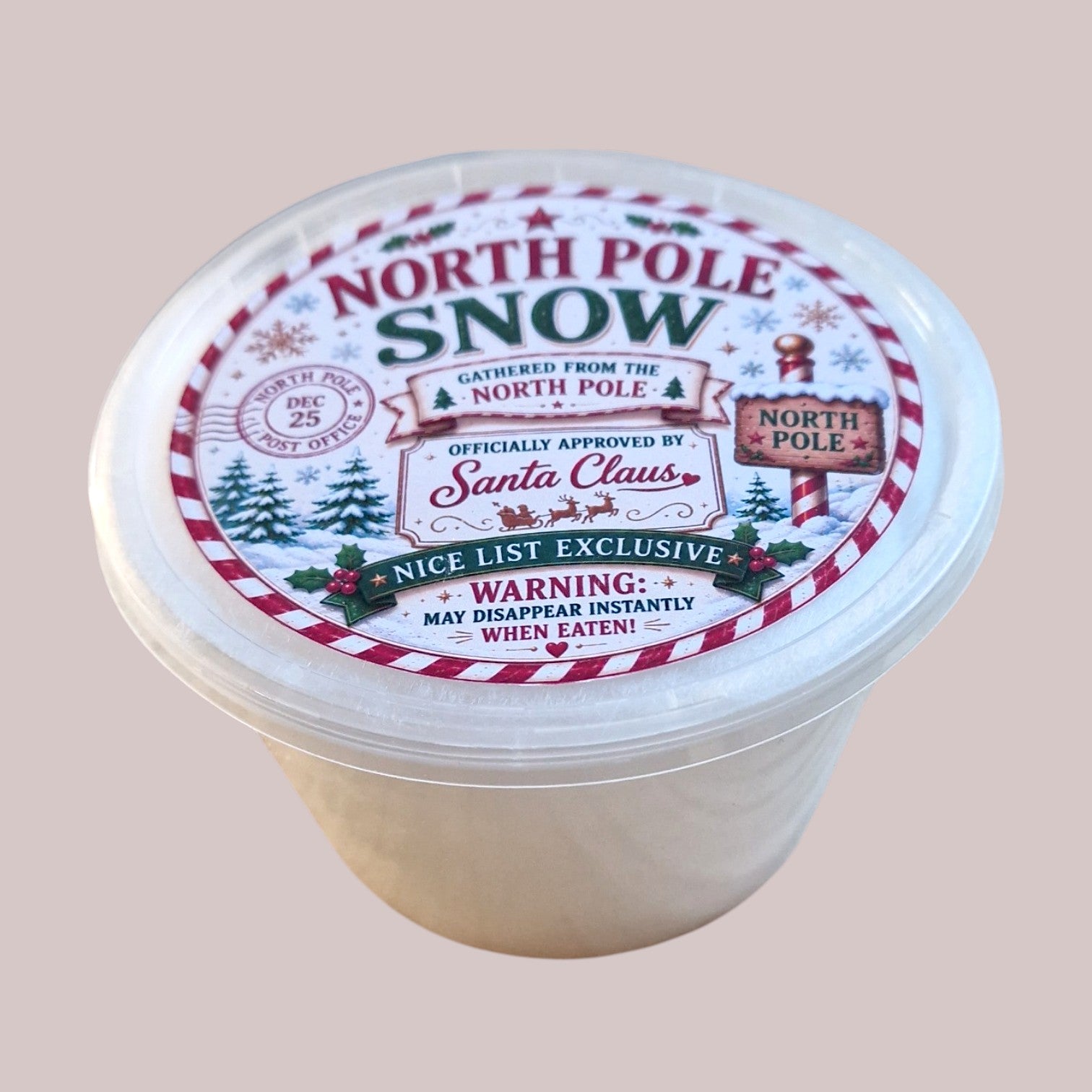 Container labeled 'North Pole Snow' with festive design on a beige background