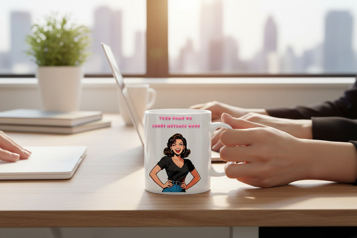 Person holding a mug with a graphic design of a woman on a desk with a cityscape in the background